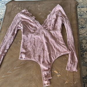 Long Sleeve Lace Bodysuit in Dusty Rose - Women Tops